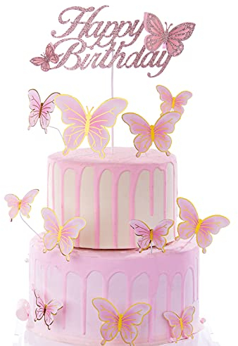 ALISSAR Rose Gold Happy Birthday Cake Topper Set, Butterfly Cake Topper and 16 Pieces Pink Butterfly Cupcake Toppers for Girls Women's Birthday Cake Party Decorations