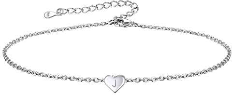 FOCALOOK Damen Mädchen J Initiales Alphabet Herz Fußkettchen S925 Silber Fußkette Charm-Fußkette mit glänzendem Herz-Schmuckanhänger Modeschmuck für Geburtstag/Party