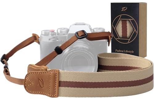 Padwa Lifestyle Sangle Appareil Photo - Tête en cuir classique du Crazy Horse Art,Sangle D'appareil Photo en Coton Tissé de 1.5,Bandoulière Photographe Réglable Pour Tous Les Appareils Photo DSLR