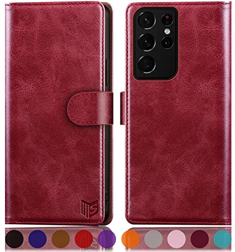 SUANPOT [RFID Schutz für Samsung Galaxy S21 Ultra Hülle PU Leder Handyhülle Lederhülle Klapphülle Kartenfach Flip Cover für Samsung S21 Ultra Handy hülle Leather Wallet Phone Case Rot