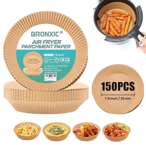 BRONXIC® 150PCS Large Air Fryer Liners 20cm | Heavy Duty Oil Proof & Non-Stick Air Fryer Liner | Heat Resistant Disposable Parchment Airfryer Liners | Perfect for Baking, Roasting & Cooking