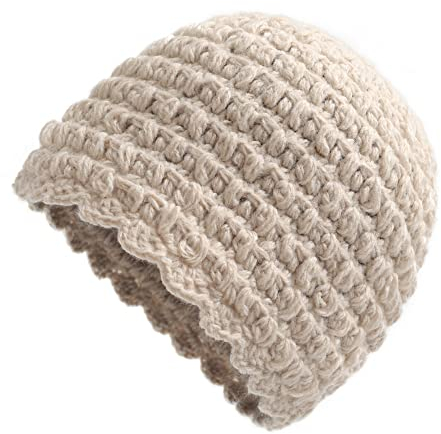 ZLYC Damen Winter Strickmütze Handgemacht Häkelmütze Slouch Beanie Mütze(Einfarbig Beige)