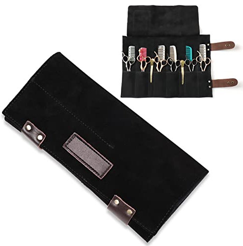 HJ-ZP011-Schwarz Salon-Scherentasche, aufrollbar, 12 Taschen, echtes Leder, Stylisten-Halter, Friseur-Haarschere, Scheren für Friseure