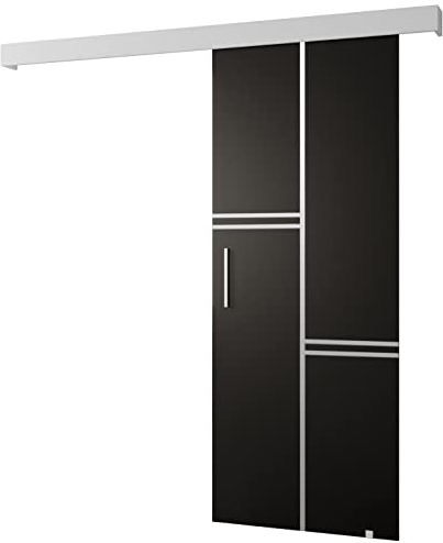 MEBLE KRYSPOL Schiebetürsystem Salwador 8 Komplett-Set für Schiebetüren, Trennwände Innentüren, Modern Design (schwarz matt/Gitter: weiß matt/Griff und Streife: Silber) | 90 cm x 204 cm