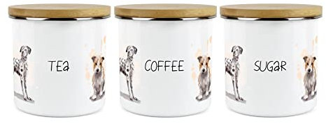 Purely Home Dog Themed Tea Coffee Sugar Canister Set - Dalmation Frenchie Terrier Spaniel - White Metal Enamel Kitchen Food Storage Containers