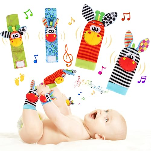 Hochets de Poignet Bebe, 4 Pcs Bébé Poignet et Chaussettes Hochet Jouets Poignet de Bell Strap Hochets et ChaussettesPied Finder Jouets de développement Cadeau pour Nouveau-Né Tout-petit
