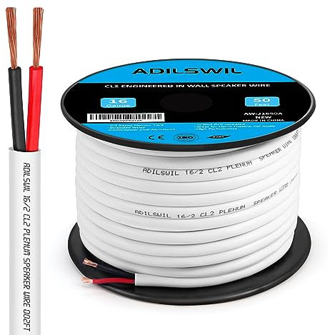 ILSWIL 50 Feet 16 Gauge in Wall Speaker Wire Cable 16/2 CCA Red and Black Wire 2 Conductors with White Jacket ETL Listed CL2 Rated for Low Voltage Hookup and Extension Electrical Wiring