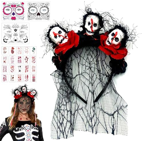 Halloween Kopfschmuck, Tag Der Toten Schleier Kostüm Damen Haarschmuck, Braut Kostüm Halloween Haarreif Black Veil mit 3 Gesichtstattoos und 20 Tattoos, für Halloween Karneval Fasching Kostüm Party