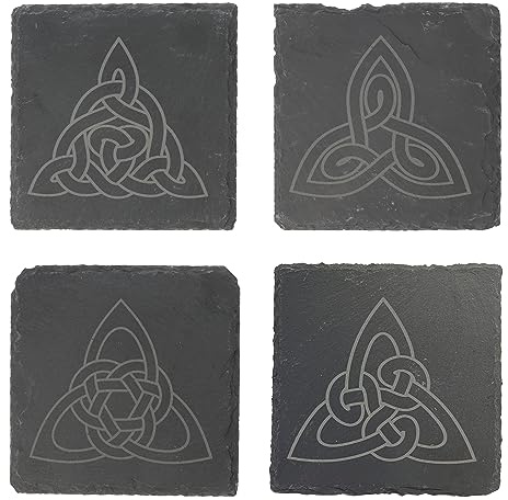 4er Set Untersetzer aus Schiefer mit keltischem Triquetra-Knoten|Trinkglasuntersetzer|Untersetzer für Gläser|Mystische Motive|hochwertige Lasergravur|Geschenkidee Wikinger|Geschenkset