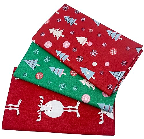 EDGEAM 3 Stück Baumwollstoff Weihnachten 90cm x 76cm Stoffe zum Nähen Dekostoff für Weihnachtsdekoration