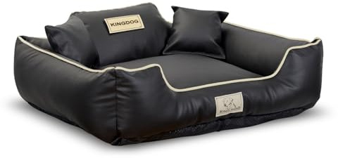 KingDog Lit pour chien en cuir synthétique noir avec coussin, 75 x 65 cm, lit pour petits chiens, personnalisé avec le nom de votre chien, amovible avec fermeture éclair, panier pour chien