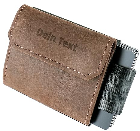 Jaimie Jacobs Nano Boy Pocket mit Gravur Slim Wallet Minimalistische Geldbörse mit Münzfach (Büffelleder Braun)