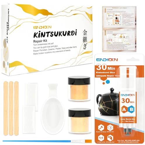 Endhokn Kintsukuroi Kit Poudre d'Or, Kit de Bricolage Kintsukuroi pour Débutants, 25ml Colle Dorée Ceramique Réparer et Embellir la Porcelaine, la Céramique, le Plâtre, le Verre Reparation Colle d Or