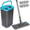 MASTERTOP Flacher Wischmopp Set mit Eimer, 2 in 1 Putzeimer mit Wischmop, Bodenwischer mit 6 Mikrofaser Wischpads und Edelstahlgriff, Wischmopp mit Auswringfunktion für Alle Bodentypen, Grau+Blau