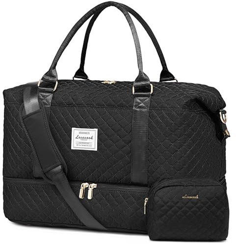 LOVEVOOK Travel Gym Duffel Bag for Women - Weekend Overnight Holdall With Wash Bag, Shoe Compartment - Ryanair Cabin Hand Luggage 55 x 40 x 20 - Waterproof Large Carry-on Hospital Bag Black