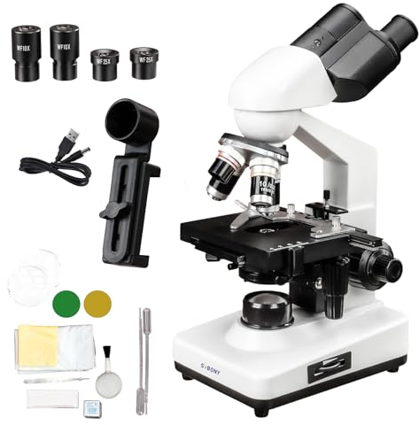 Svbony SM201 Binokular Compound Mikroskop, 40X-2500X Lab Binokular Mikroskop, LED Beleuchtung Koaxialer Kreuztisch Sowie Telefonadapter, Durchlichtmikroskop Binokular für Studenten Erwachsene
