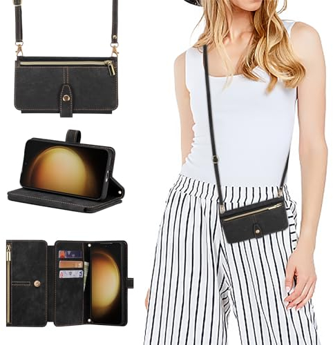 ZCDAYE Hülle für Samsung Galaxy S23 FE mit Band Handykette, Leder Samsung S23 FE Handyhülle Handytasche mit Kartenfächern Frauen Brieftasche Klapphülle zum Umhängen Tasche Samsung S23 FE,Schwarz