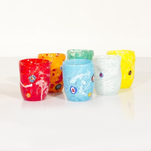 BELVETRO Juego de 6 vasos de cristal murano Lanu, colores mezclados con murrinas multicolor