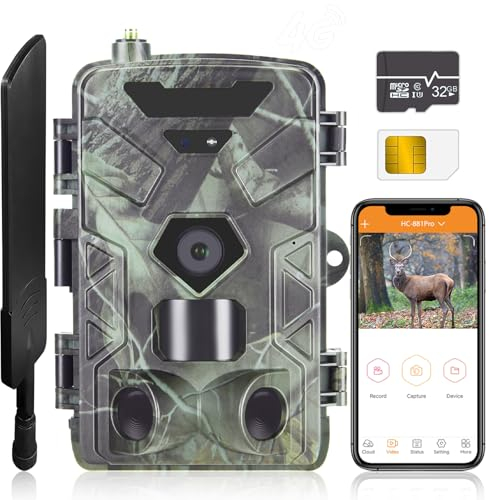 RecorCam 4G Cámara de Caza 4K/30FPS 36MP App con SIM Fototrampeo con Gran Angular de 120° Transmisión de Red Celular Velocidad de Disparo 0.3s con Tarjeta SD de 32 GB, para la vigilancia de la Fauna