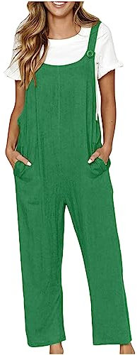 Linen Dungarees for Women UK Wide Leg Jumpsuit with Pocket Loose Fit Playsuits Summer Boho Romper Sleeveless Strappy Overalls Linen Suits Ladies Solid Suspender Jumpsuit for Holiday Vacation
