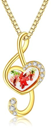 URONE Musiknoten-Halskette Sterlingsilber Gepresste Getrocknete Blumen Anhänger Halskette Musikschmuck Geschenke für Frauen Musikliebhaber