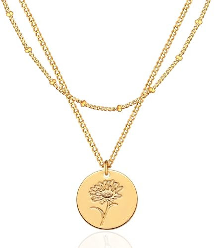 Jenosy 18K Vergoldet Geburt Blume Kette Layered Damen Gold Kette mit Gänseblümchen April Anhänger Hypoallergene Modeschmuck für Frauen und Mädchen