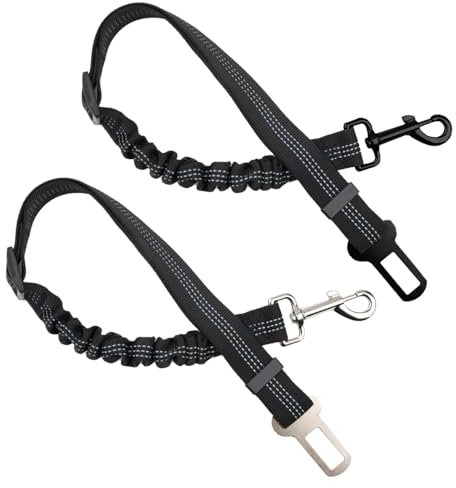 2 Pack Dog Seat Belts for Cars, Dog SeatBelt Harness for Car UK, Adjustable Dog Safety Belt, Elastic Adjustable Dog Car Harness, Pet Seat Belt Bungee, with Hook Latch & Seatbelt Buckle (Black)
