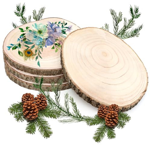 Scettar Holzscheiben 4 Stück, 16–18 cm und eine dicke von 15 mm Baumscheibe Holzplatte Rund für Tafelaufsätze DIY-Hochzeitsdekorationen Aus Holz Gemälde Untersetzer & zum Basteln