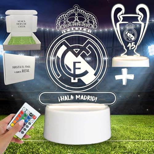 SLAUTIR Lámparas de mesita de Noche Madrid XXL 2 en 1, Lampara Madrid Regalo Original Niños, Hombres y Mujeres, Lámpara 16 Colores + Mando, Único, Regalo Cumpleaños niño y Adulto, Caja Personalizada