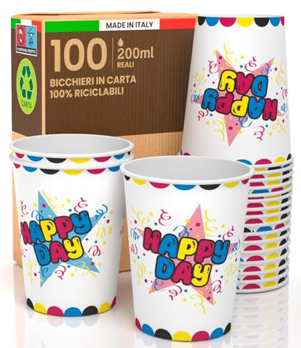 100 Bicchieri in Carta Monouso Ecologici e Biodegradabili 200ml Colorati con Fantasia HAPPY DAY Made in Italy per Asporto Bevande Calde o Fredde e Acqua - Prodotto e Confezionato in Italia