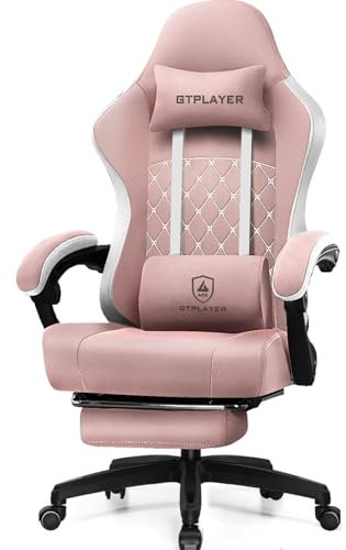 GTPLAYER Silla de Gaming ergonómica para Videojuegos, Silla de Escritorio con Superficie de Tela, cojín de Asiento de Resorte, reposabrazos de conexión y reposapiés, Color Rosa