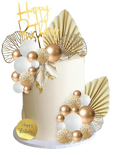 Tortendeko Geburtstag 29 Stück Tortendeko Kugeln Gold Weiße Cake Topper Geburtstagstorte Deko Happy Birthday Kuchendeko für Hochzeit, Gartenparty, Familientreffen (Gold)