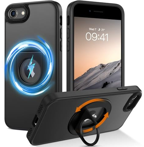 VENINGO Funda Magnética para iPhone SE 3/2 (2022/2020), iPhone 8/7, iPhone 6/6s 4.7 Pulgadas, 360 Anillo Soport Ultra Fina Antichoques Anti-Arañazos Protección Militar Translúcida Mate Trasera, Negro