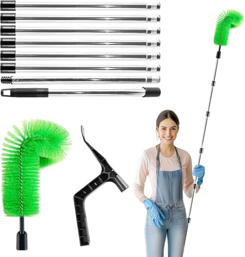 Outils de nettoyage de gouttière 2 en 1, brosse de 3,2 m et grattoir de nettoyage, outils télescopiques de nettoyage de gouttière avec manche à 8 sections, pelle de nettoyage de gouttière pour