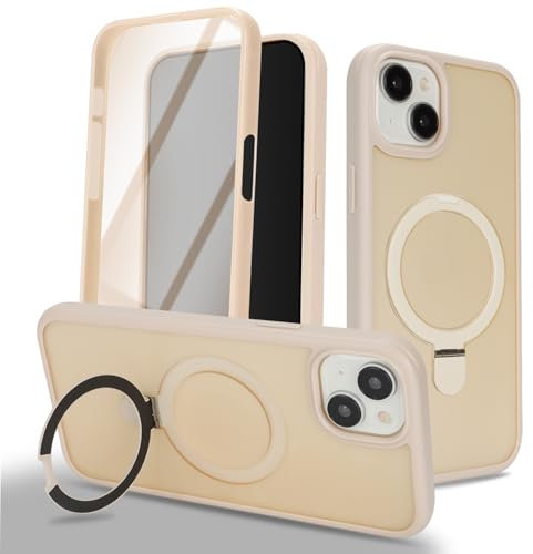 Zouzt for iPhone 15 Plus Matte Case and Screen Protector 15 Plus Case with Glass Screen Protector 360 Full Body Protective Shockproof Frosted Stand Phone Case, Anti-Fingerprint - Off White