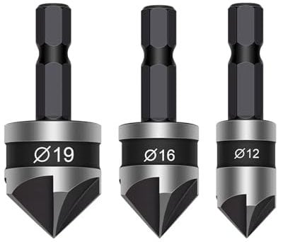 3 Pcs Countersink Drill Bit,Set Counter SinkBits Wood Countersunk Chamfer Tool Sink 90 Degree Adaptor Trend Carbide Tipped Depth Flute Hex Shank 12MM 16MM 19MM,for Hinge Kit Metal WoodWorking Stopper
