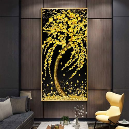 Diamond painting Arte Manualidades por Número 5D DIY para Pared Decoración del Hogar Completo Kit Bordado de Punto de Cruz adultos Diamante Pintura Árbol dorado de la suerte,Diamante redondo 30x60cm