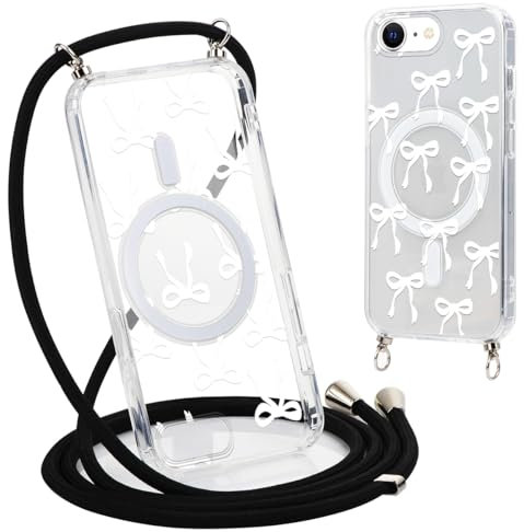 Coalbooliy Handykette Handyhülle für iPhone 16e/SE 4/SE 2025 Hülle 6,1 mit Band Cover Kompatibel mit Magsafe, Transparent Aesthetic Schleife Muster Cover mit Kordel zum umhängen Case Stoßfest, 05