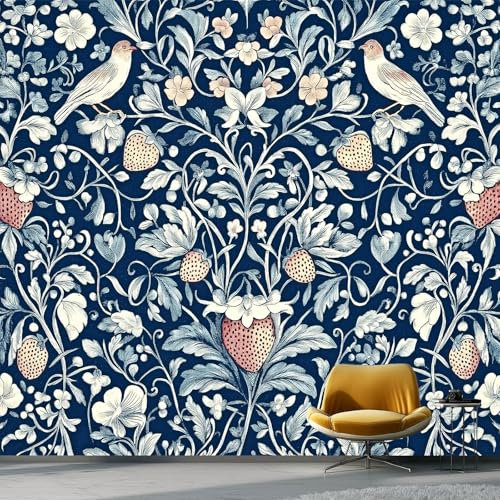 Wallpaper,Birds William Morris Style,Dark Navy White 79 X 55 (200 X 140 Cm Wxh) 3D Wall Mural Print Photo Wallpaper,Non-Woven Premium Wall Mural for Living Room Kids Bedroom Decoration Poster