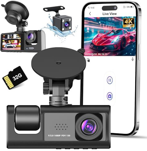 Dashcam 4K,3 Channels for Car,WiFi Camera Car Recorder with 32G Card,Super Vision, Large 170°, App Control, G-Sensor, Parking Monitor, Loop Recording