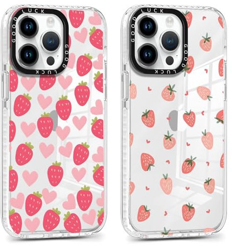 Xylota 2 Pezzi Cover per iPhone 13 Pro 6,1, Trasparente Aesthetic Fragola Cuore Disegni Ragazze Donne Custodia, Morbida Silicone Sottile TPU Bumper Antiurto Protettiva Case per iPhone 13 Pro, Rosa