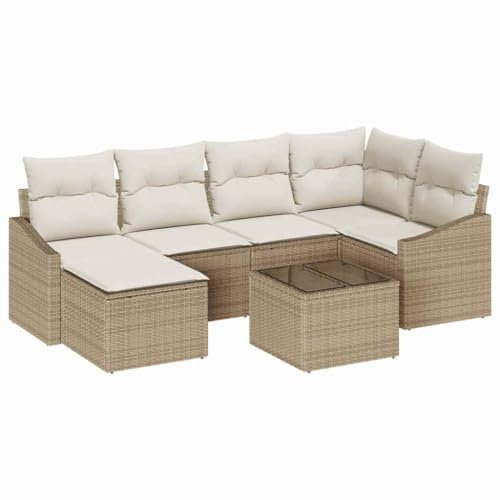 vidaXL Garten Essgruppe mit Kissen mit Speicher 7 pcs Beige und Creme, Stylische Gartenliege, Moderne Outdoor-Couch, wetterfeste Möbel, rechteckig mit Stauraum, gemütliche Sitzecke