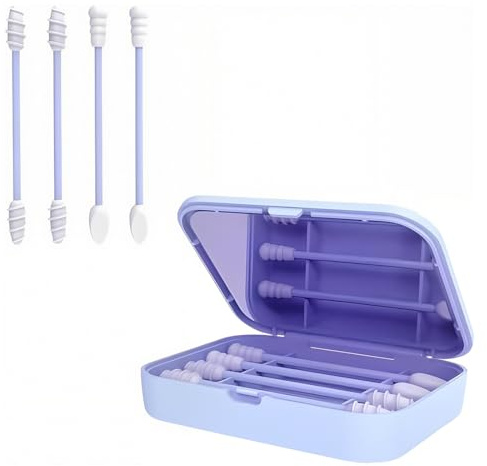 YAZWUR Lot de 4 Bâtonnets Réutilisables en Silicone, Coton-Tiges Double Face avec Boîte et Miroir, Spirale pour Nettoyage des Oreilles, Maquillage, Soin Dentaire et Oral (Bleu)