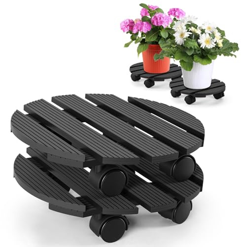 Peviasot Pflanzenroller rund 2er Set aus WPC, Durchmesser 30 cm, stabile Pflanzenständer mit Rollen und Feststellbremse, wetterfest, belastbar bis ca. 80 kg je Roller, für Innen & Außen – Grau