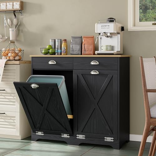 Crehomfy Küchenschrank für Mülleime, Kücheninsel Küchenkommode mit Arbeitsplatte & 2 Schubladen, Holz-Farmhaus 2x37 L Mülleimer-Schrank für die Küche, Schwarz