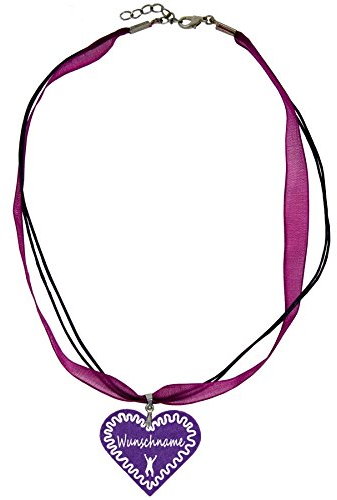 Trachtenschmuck Trachtenkette Organzaband brombeer mit Filz Herz Damen Dirndlkette Organzakette Oktoberfest Wunschaufdruck (Herz - lila)