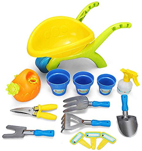 14 Pieces Kids Garden Wheelbarrow Play Set Sand Pit Beach Garden Tools Trolley Toy