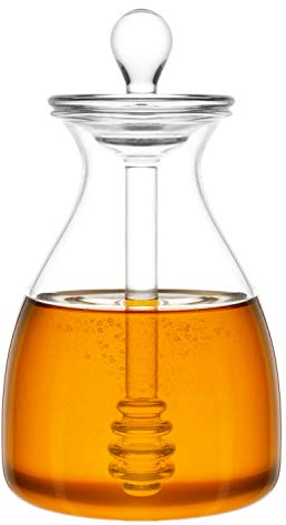 Mkono Honey Dispenser Glass Honey Pot Honey Jar with Dipper Sticks and Lid Cover Honey Containers Holder for Home Kitchen, 14 Ounces
