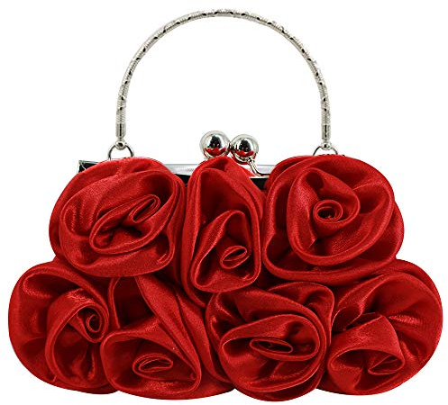 MEGAUK Damen Elegante Handtasche Blumen Clutch Seide Abendtasche Henkeltasche Crossbody Bag mit Kette Kisslock Design (Rot)