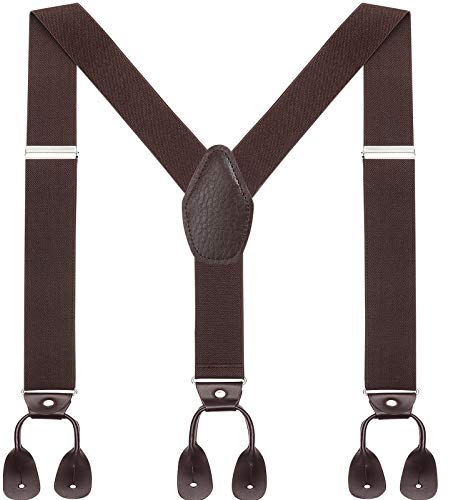 WELROG Herren Hosenträger breit mit Leder Knopfloch - Elastische und verstellbare Länge Y Form mit 6 Tasten für Herren (Kaffee)